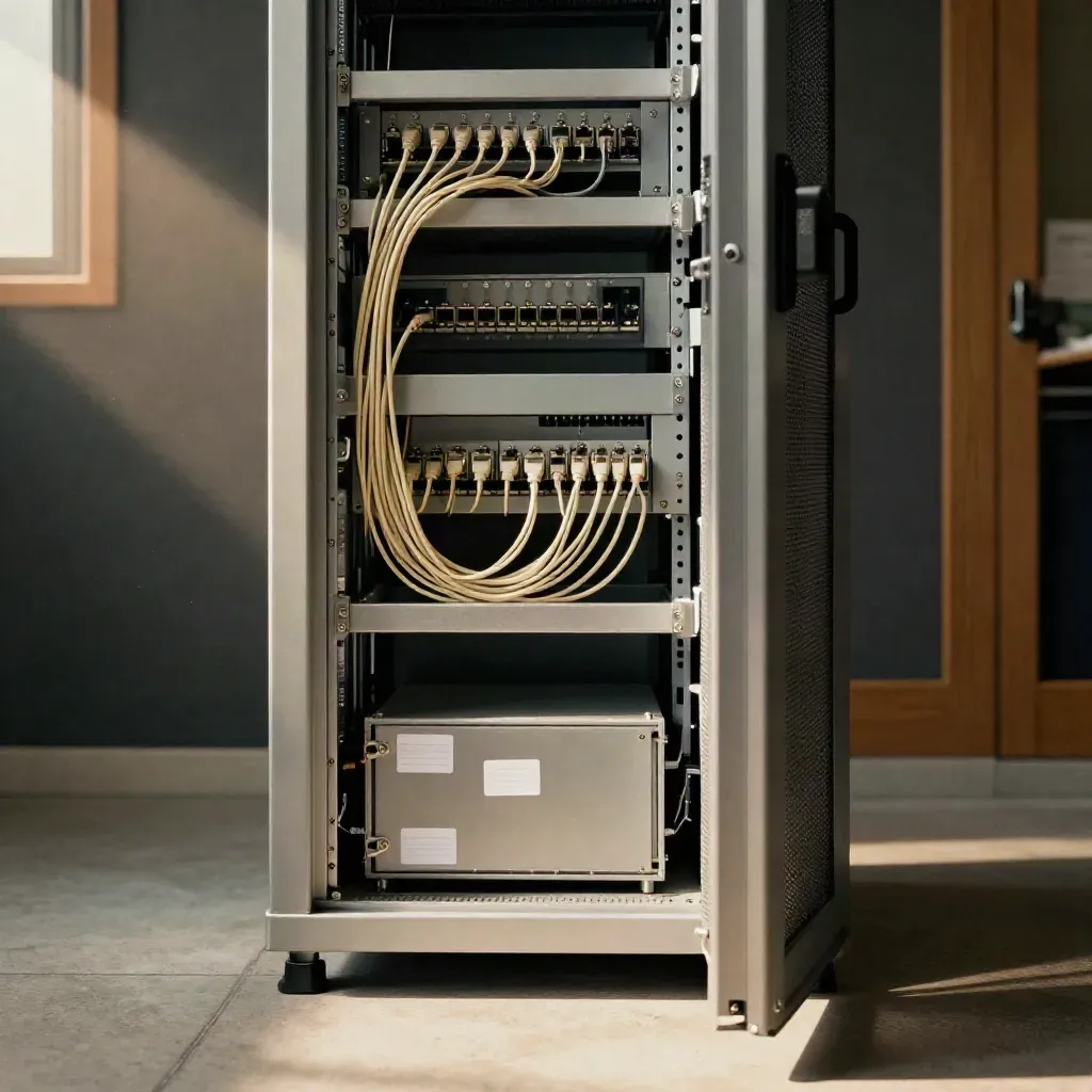 Open server cabinet in a quiet comms room with tidy patch bays, firewall and inspection seals.