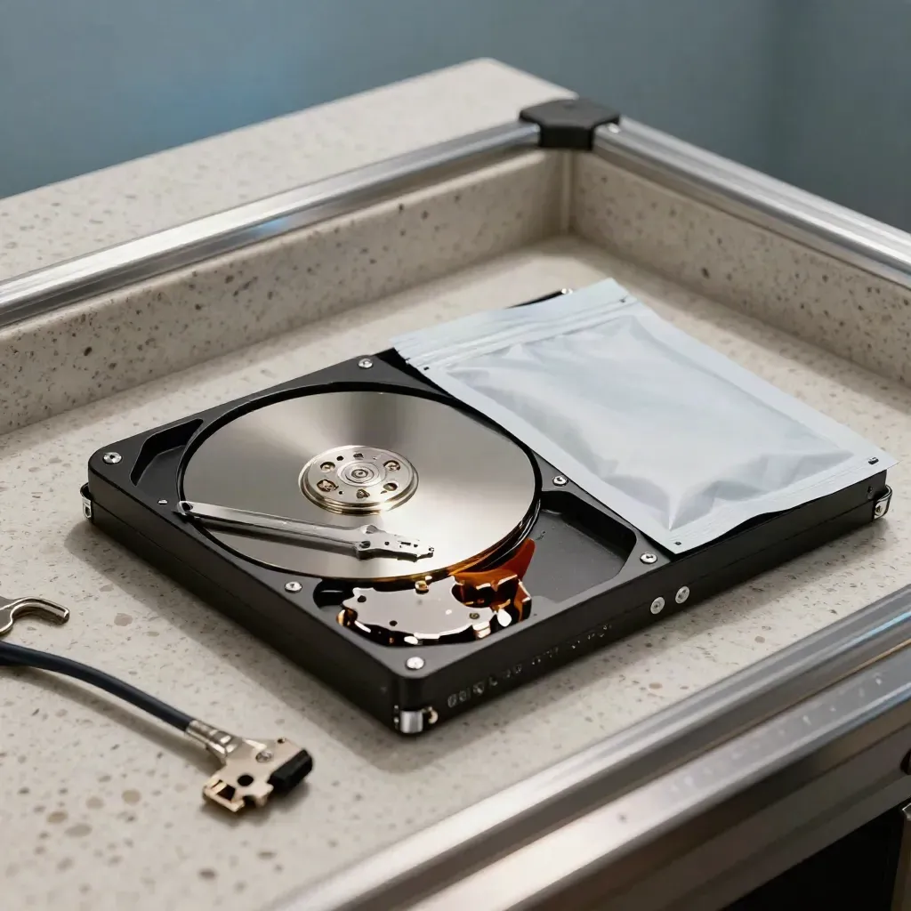 Incident response evidence tray with hard drive, patch lead, tamper seals and anti-static pouch on travertine.