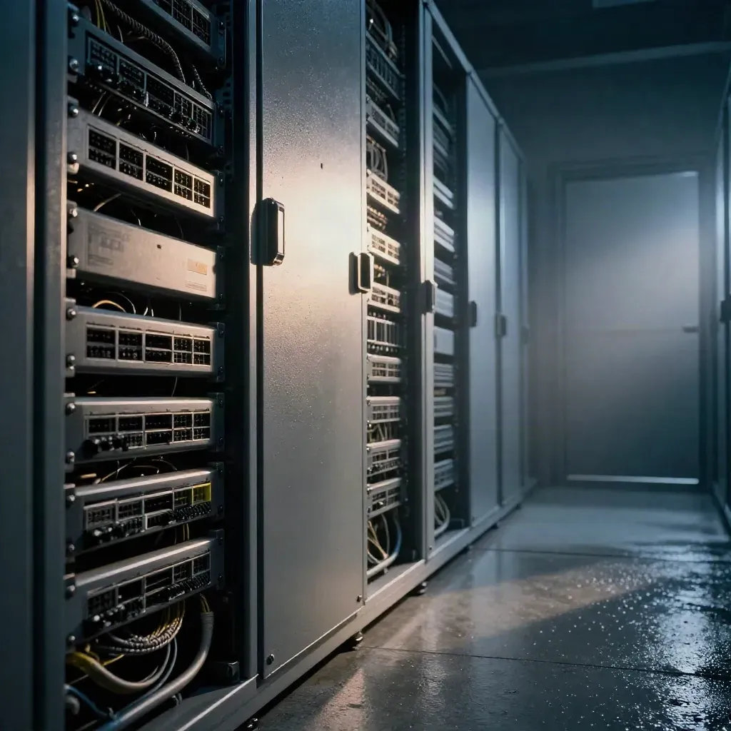 Rain-sheened UK data-room corridor with firewall racks and dramatic morning light.