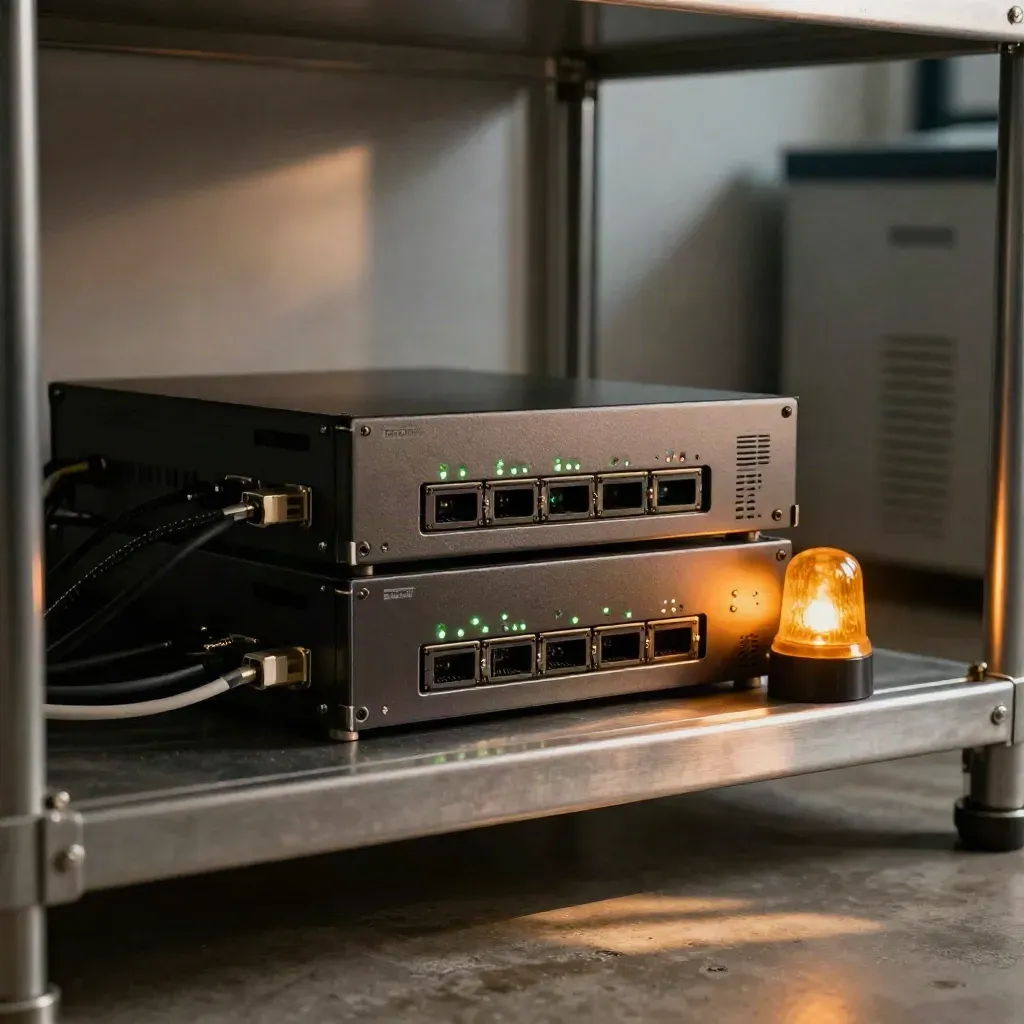 Monitoring appliances with amber alert beacon glowing on a shelf in a secure comms room.