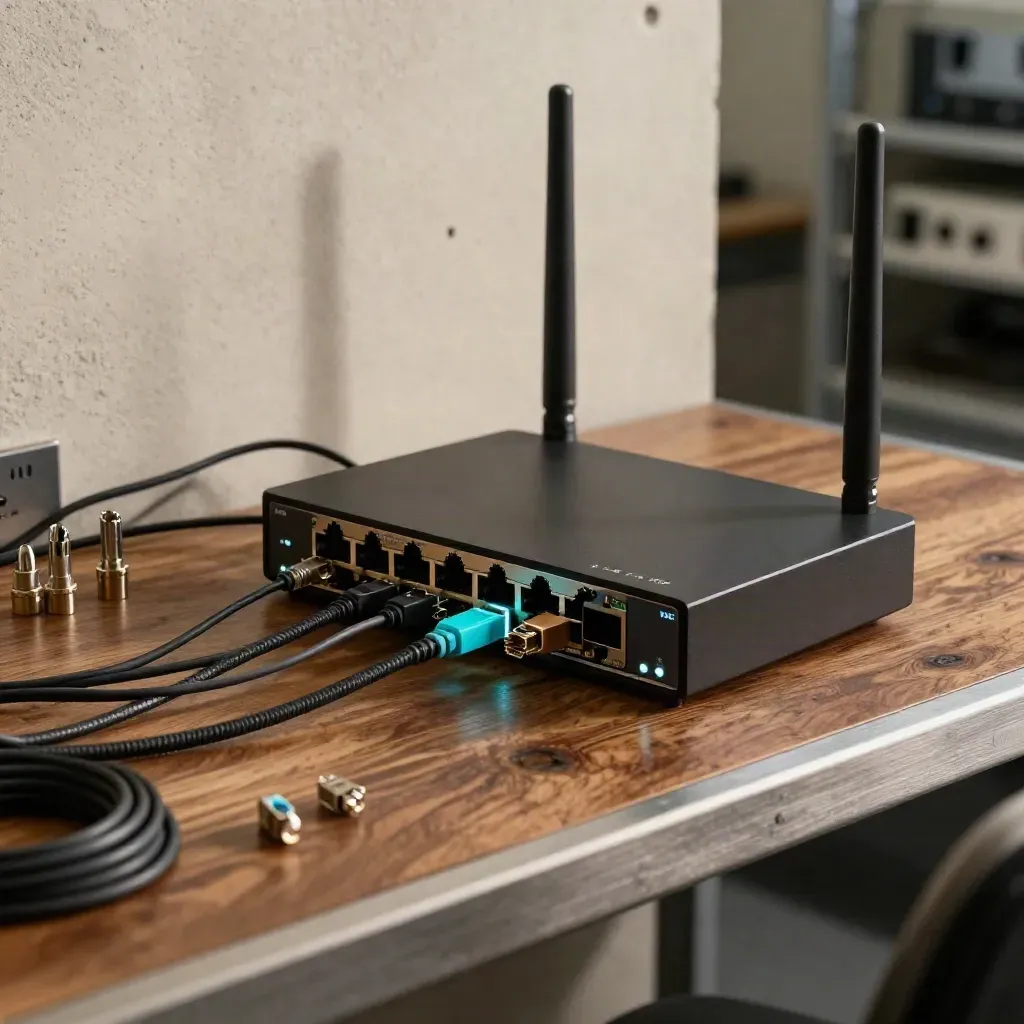 Cyber test bench with router, tap, patch leads, antennas and cyan status glow