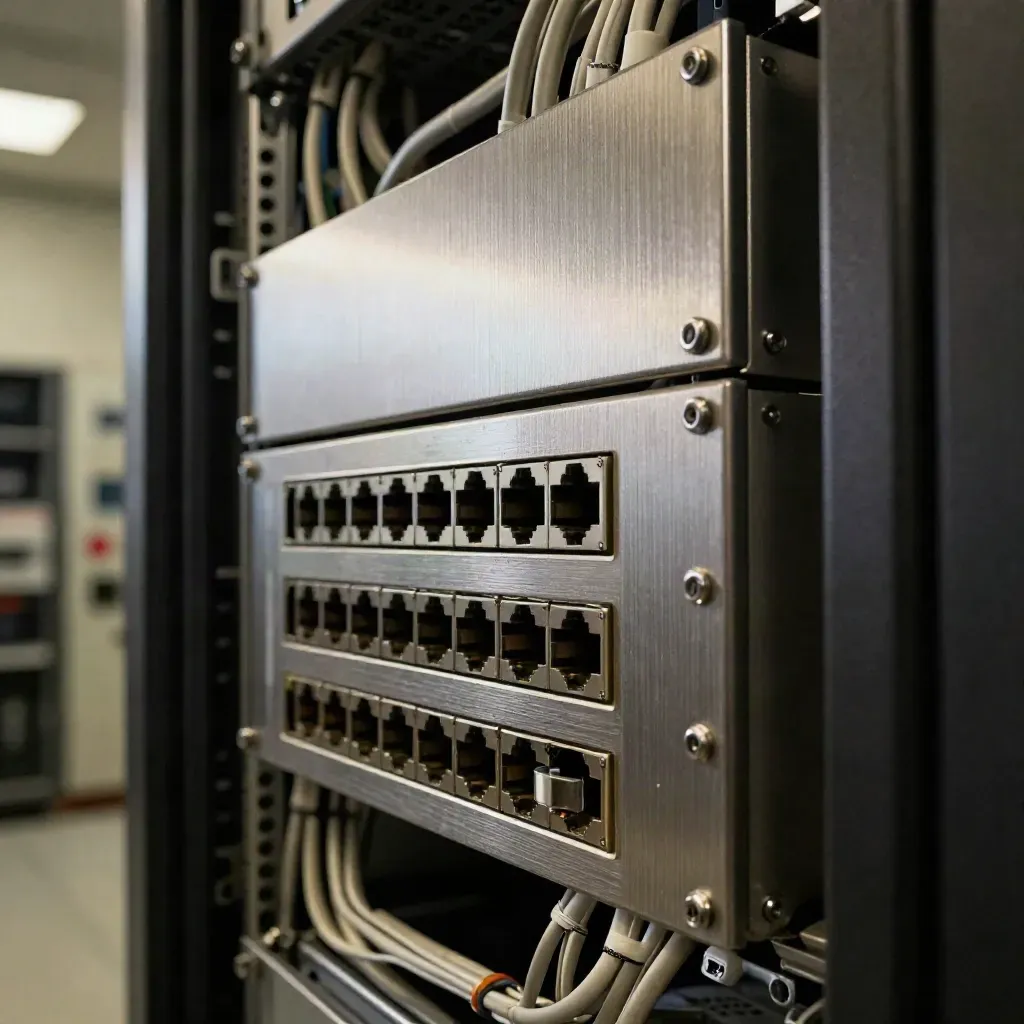 Macro of a hardened firewall rack with capped ports and sealed cable management