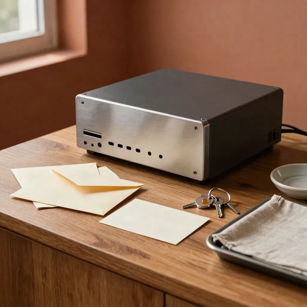 Mail gateway appliance with lure envelopes, face-down awareness cards and a locked keyring.