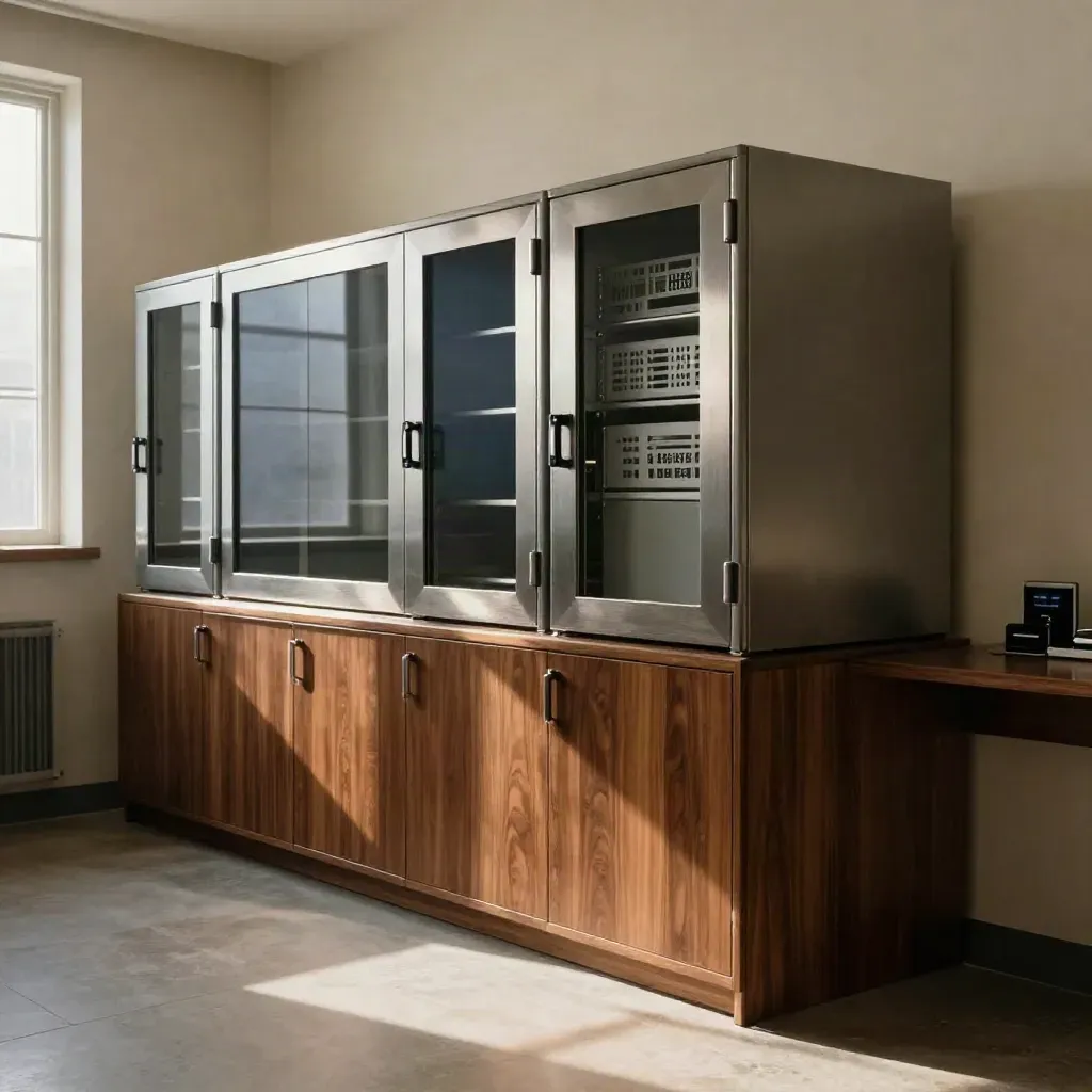 Closed server cabinet and compliance safes in a warm law-firm records room