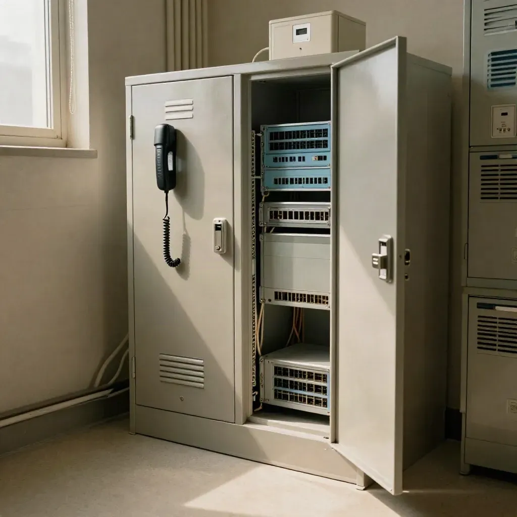 Clinic IT closet with lockers, power modules and a paging handset mid-motion.