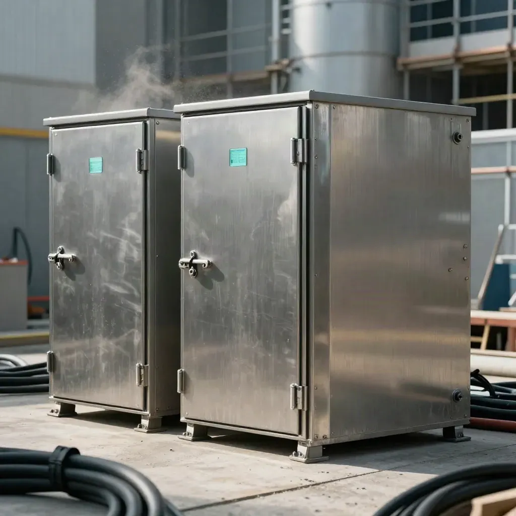 Three hardened cyber site enclosures on concrete, with sealed conduits and tidy cabling