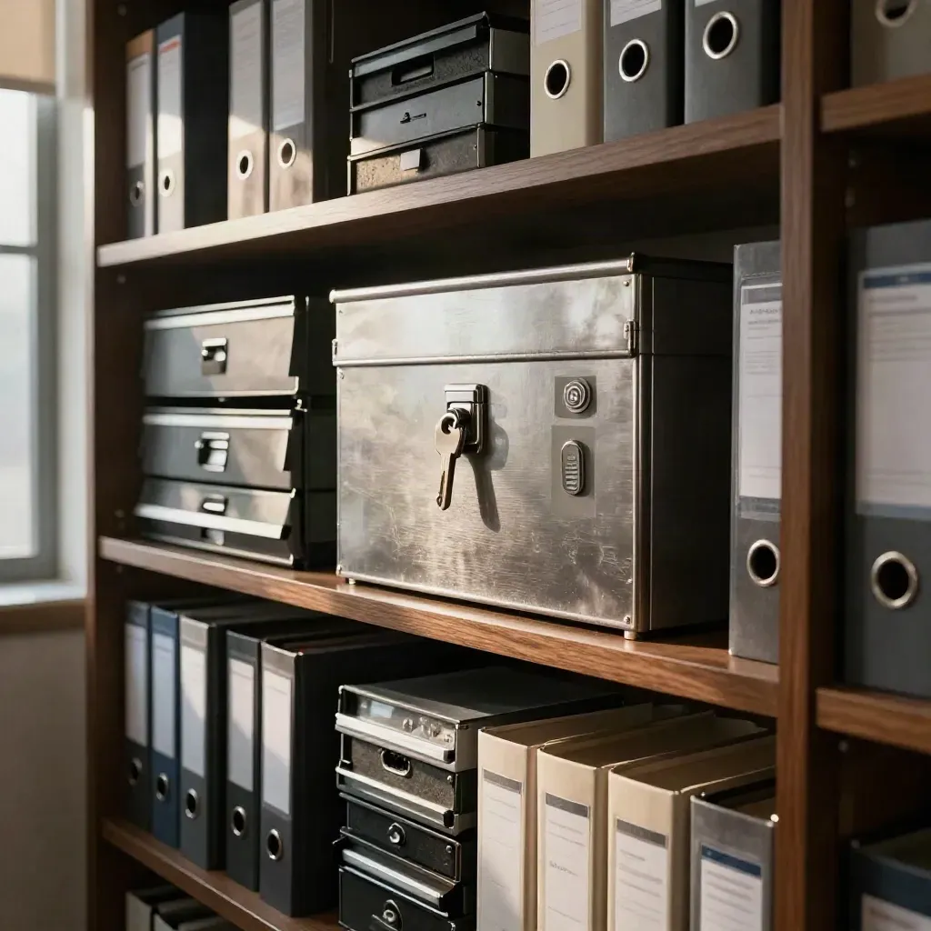 Locked finance archive shelf with compliance hardware and backup drives in dramatic light.