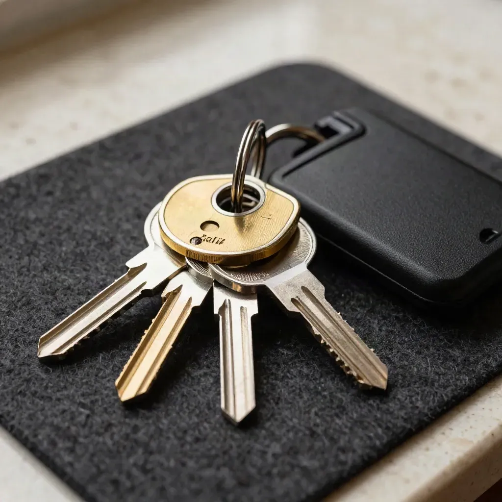 Macro still life of security keys, brass lock core, tamper seals, and token case on felt.