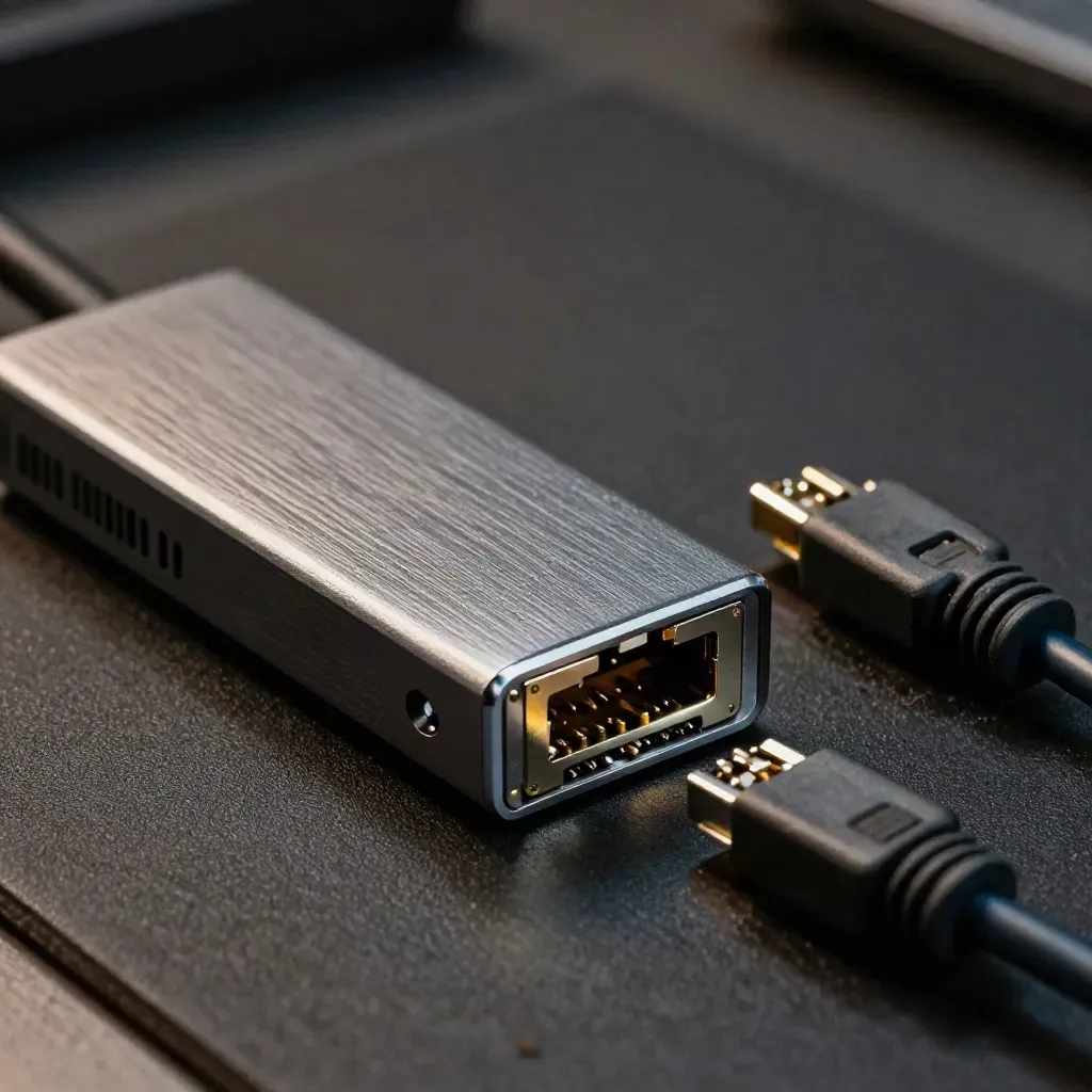 Macro of network testing tools and patch leads on a dark anti-static mat