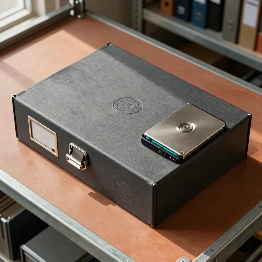 Overhead still life of a sealed archive box, locked backup drive, stamp and clips on terracotta.