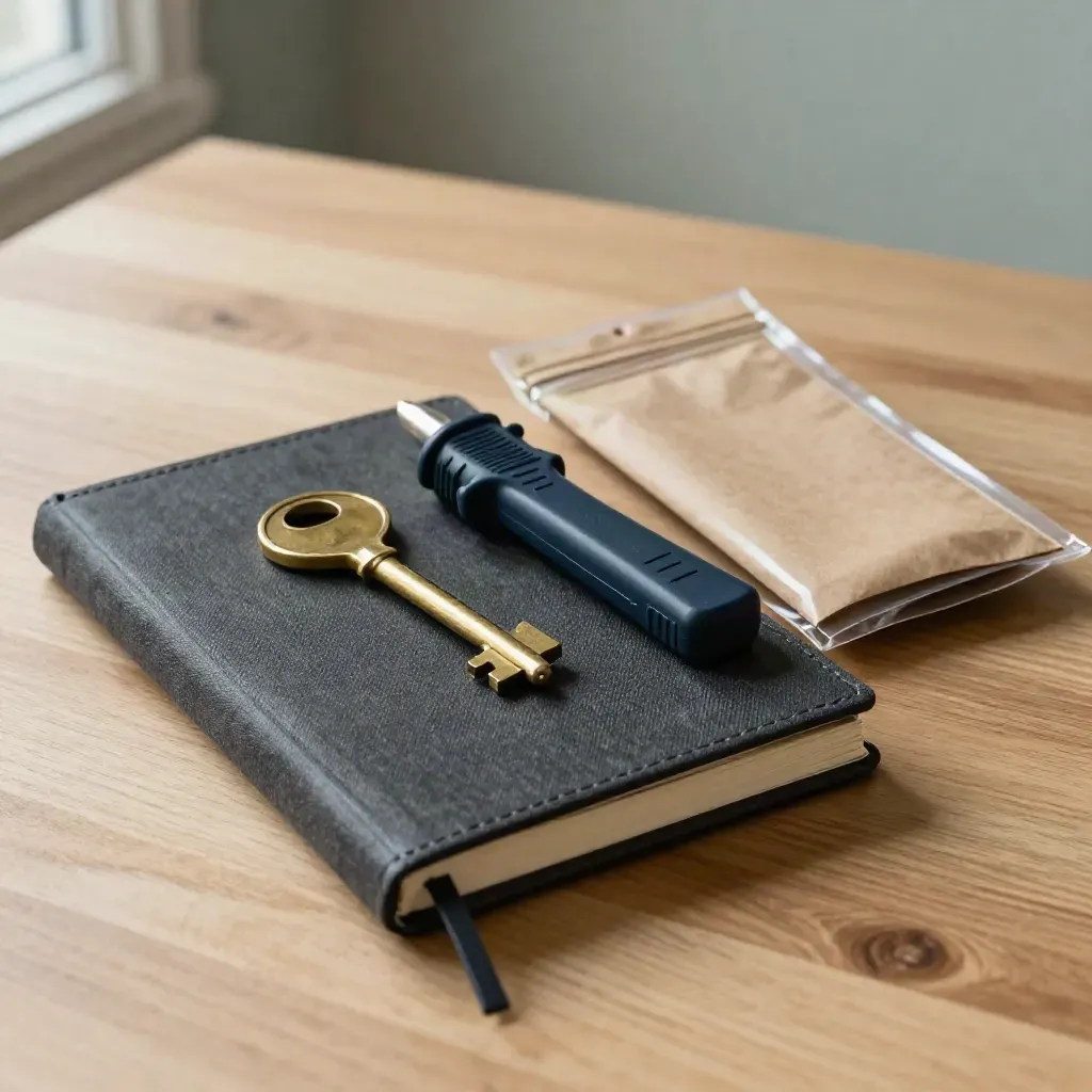 Closed survey notebook, brass key, cable tester, and sealed pouch on pale oak.
