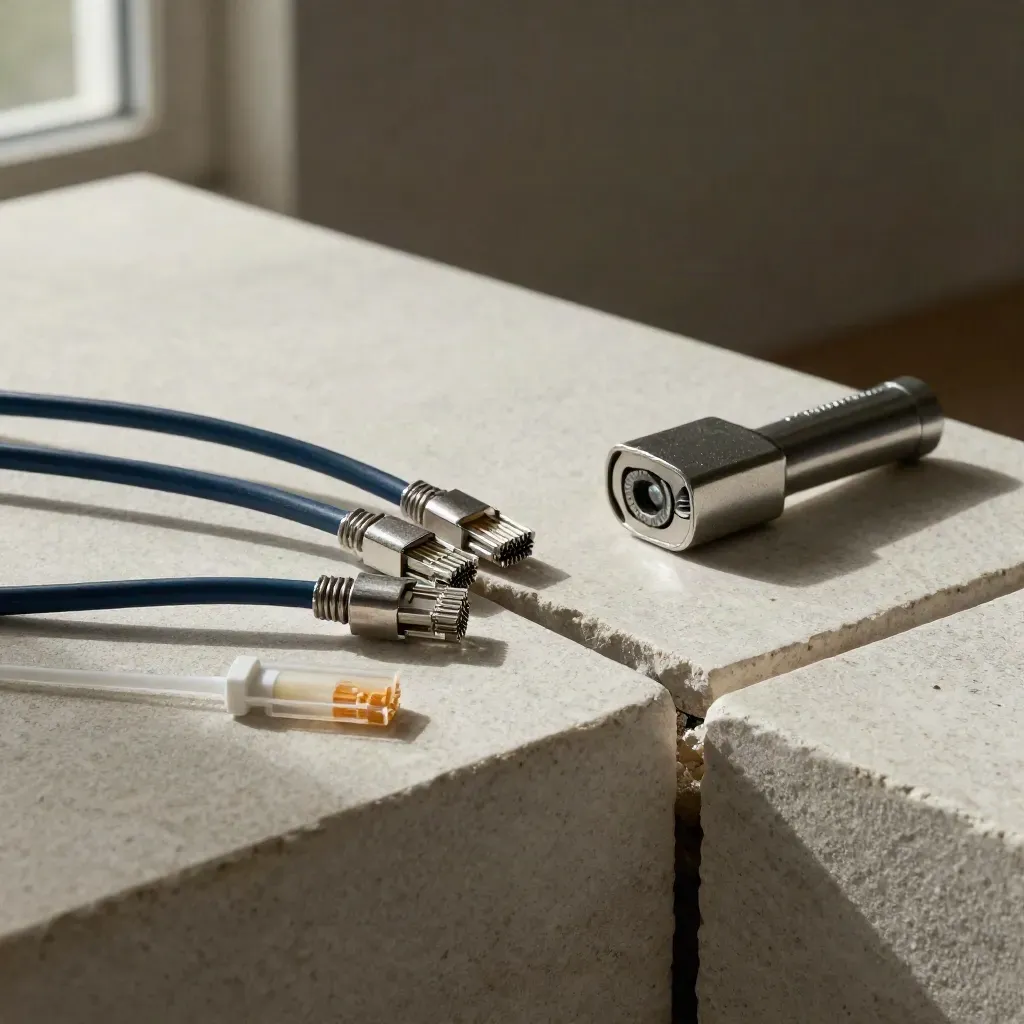 Lock core, network leads, blanking kit, and torch on a stone ledge in moody light