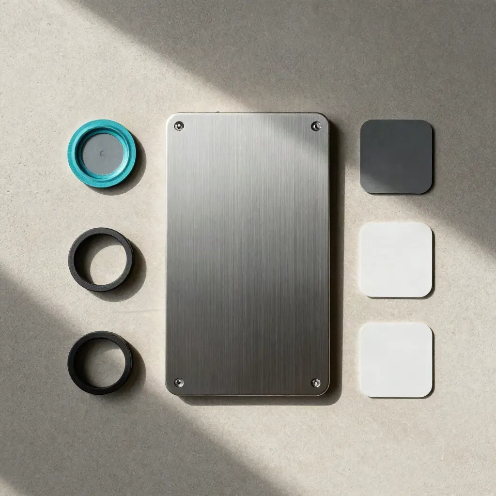 Overhead security hardening kit with seals, cable ties and a steel plate on pale concrete.