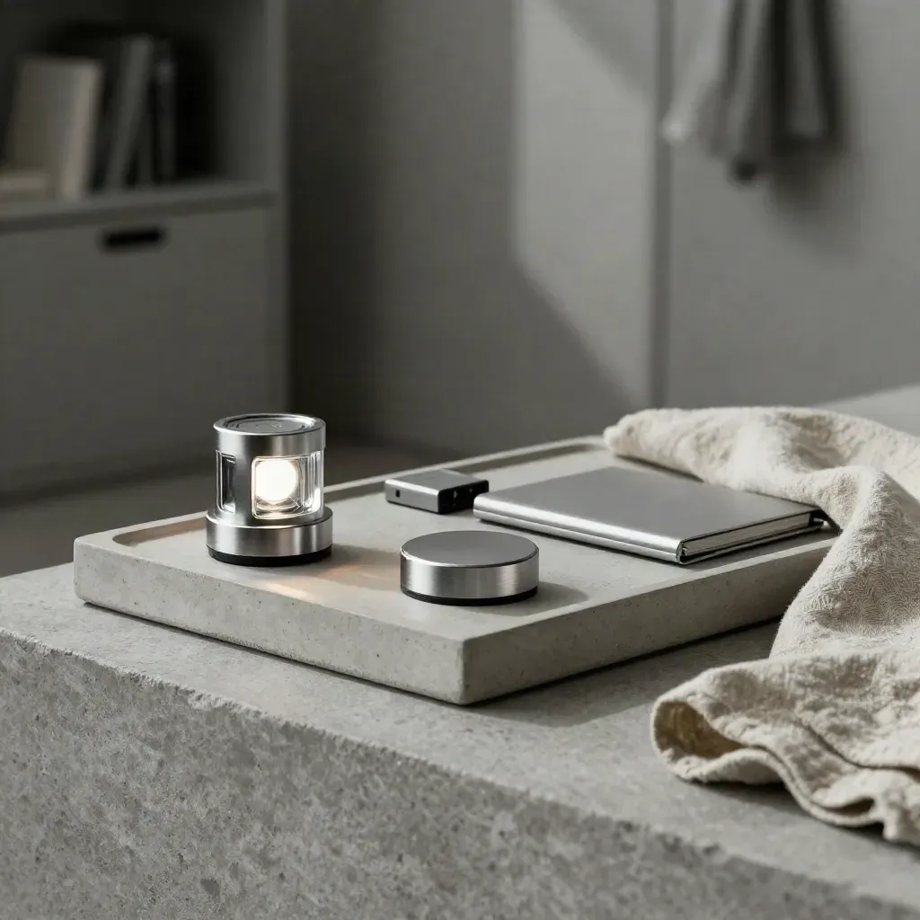 Silver security beacon, sensor puck, battery pack, and binder on a concrete tray