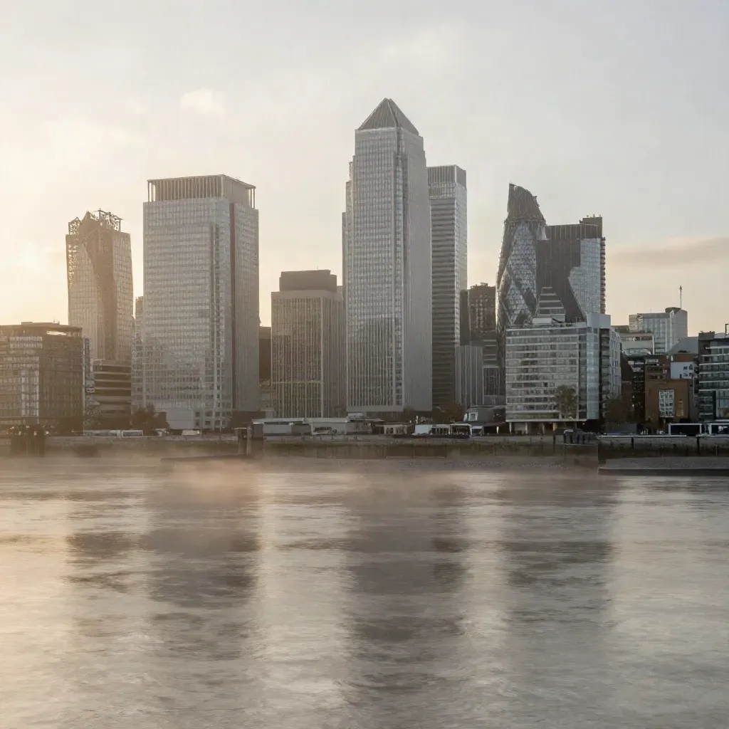 Canary Wharf skyline above the Thames in dawn haze, wide and calm for copy