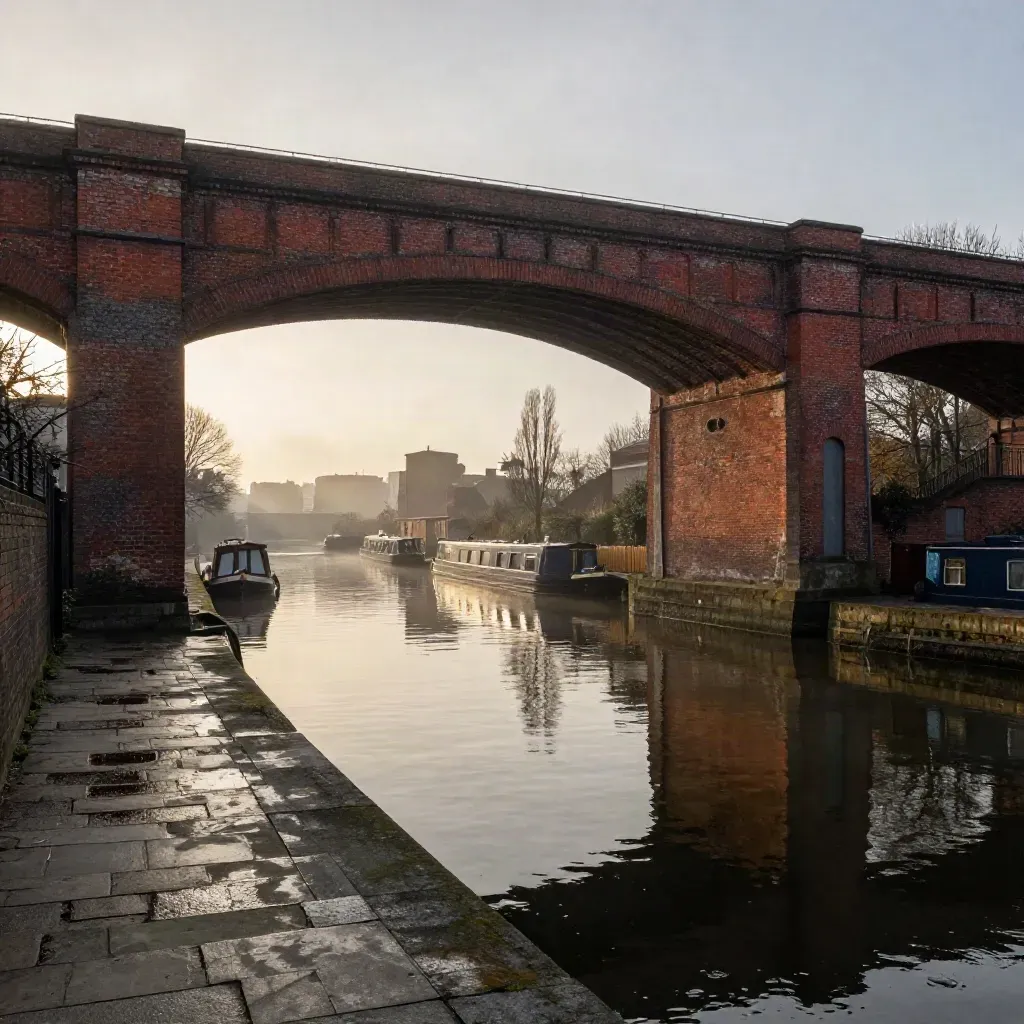 Birmingham canal basin with brick viaducts, calm water, and amber dusk haze.