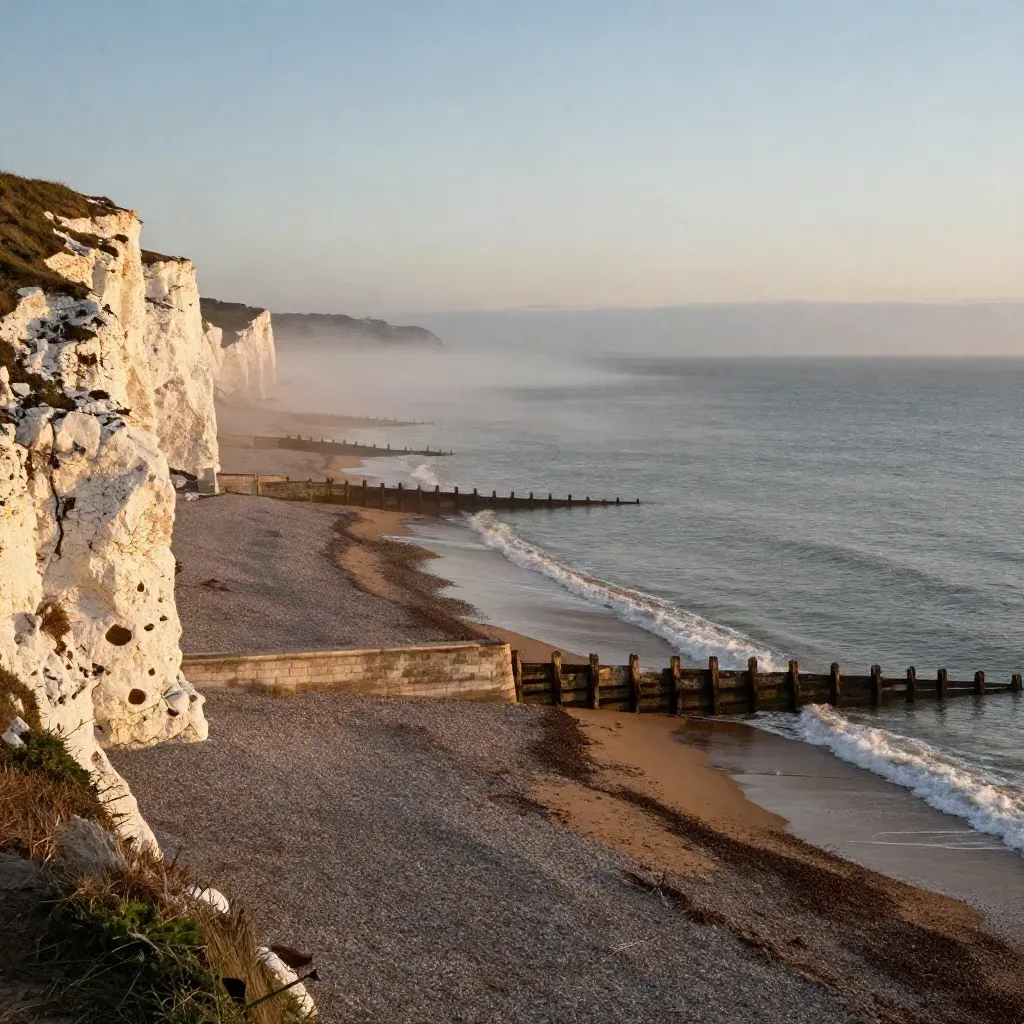 Brighton seafront and chalk downs at golden hour with misty open sea below