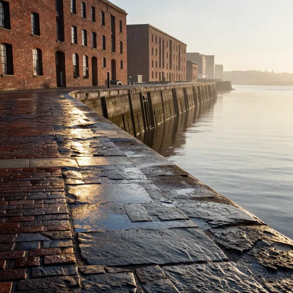 Hazy Liverpool dock bricks and wet quay surfaces above a calm copy space